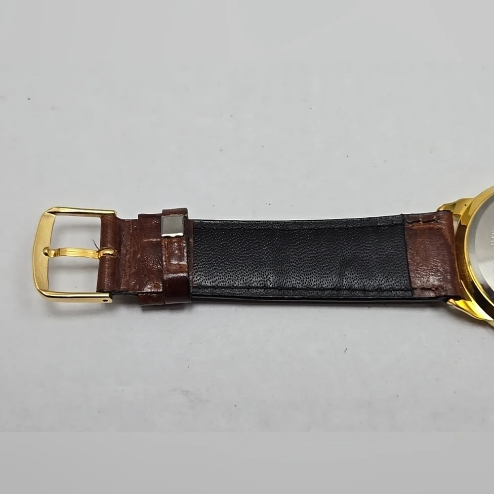 Coleman Quartz 18k Gold Plated Roman Numeral Dial Mens Leather Strap New Battery